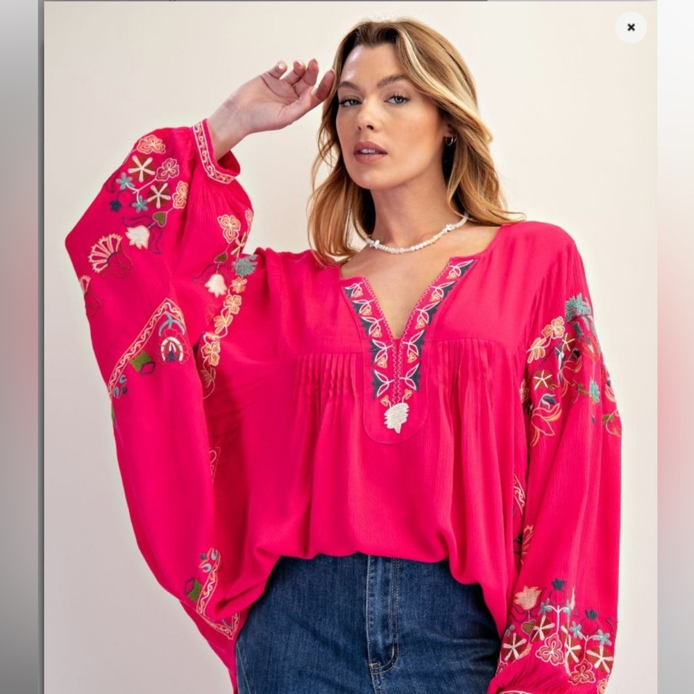 Easel Fuchsia Embroidered Peasant Blouse - Women's Medium Boho Top